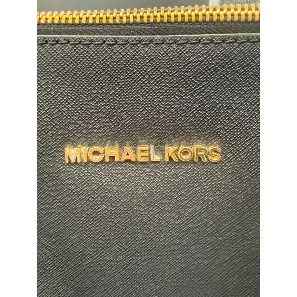 Michael Kors Black Saffiano Leather Tote Shoulder Bag Gold Hardware Zip Top